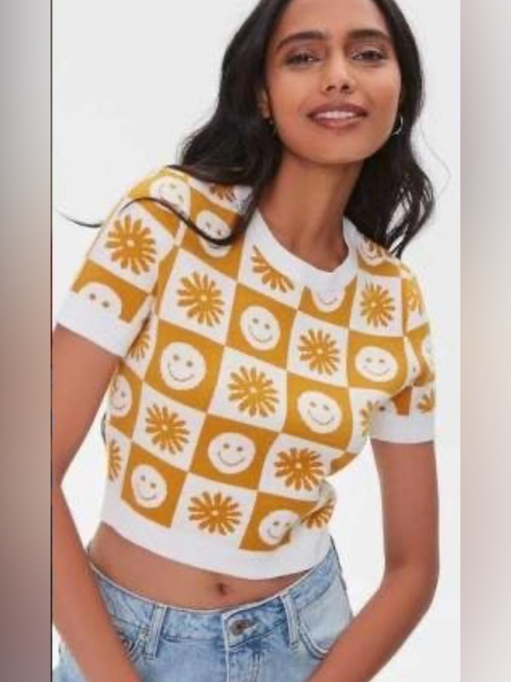 Forever 21 Mustard and Cream Checkerboard Smiley Knit Top
